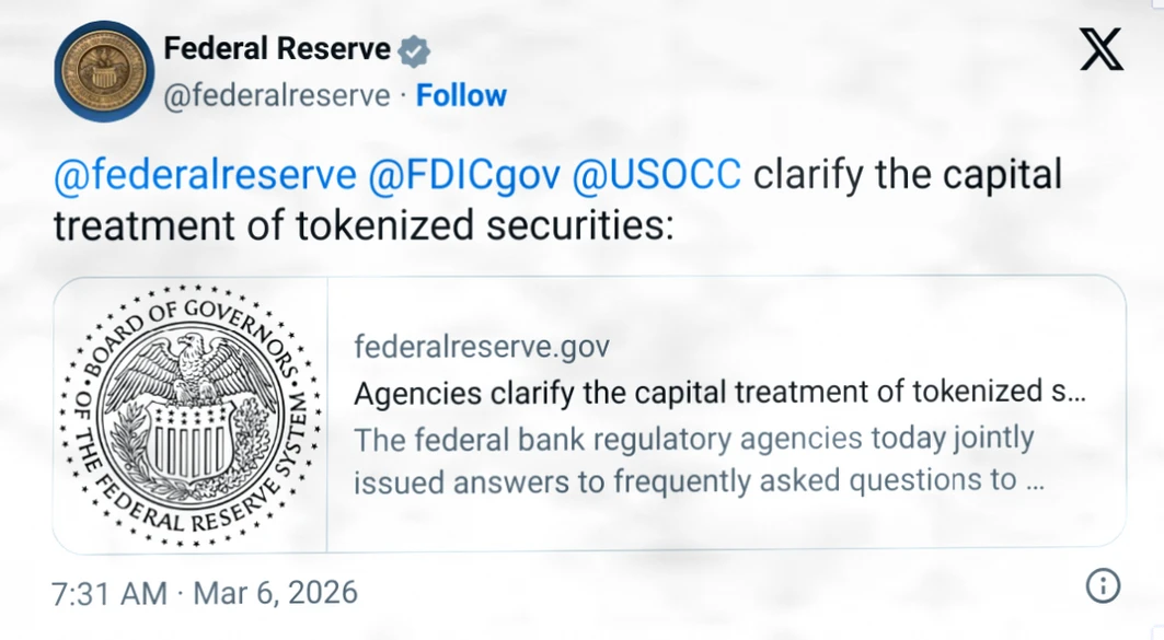 美国监管明确：代币化证券适用与传统证券相同资本规则插图