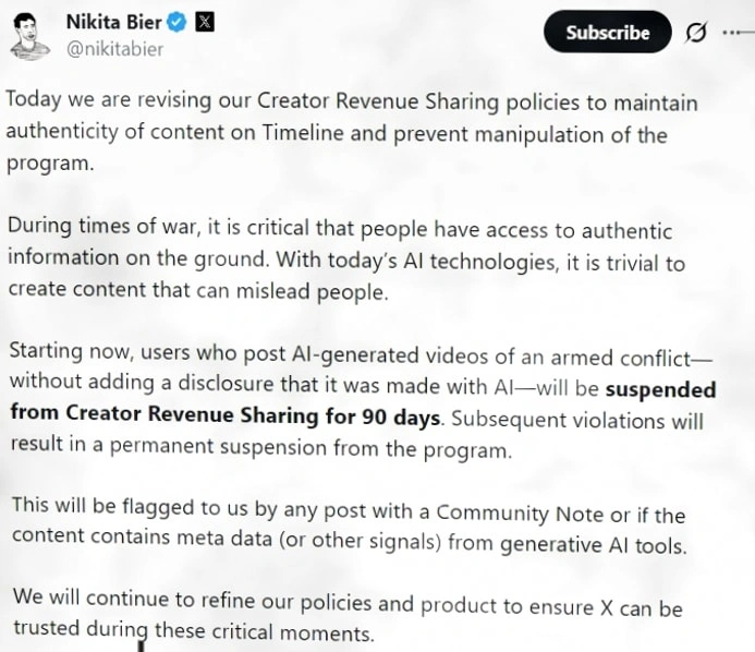 X推出90天收益封禁政策:未标注AI战争视频将被处罚