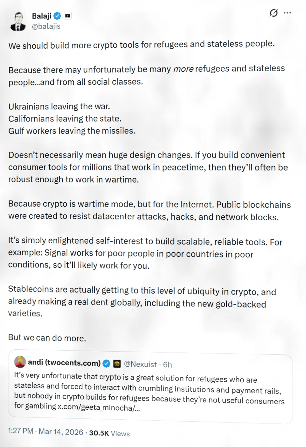Amid Middle East Tensions, Balaji Srinivasan Urges Crypto Industry to Aid Refugees插图