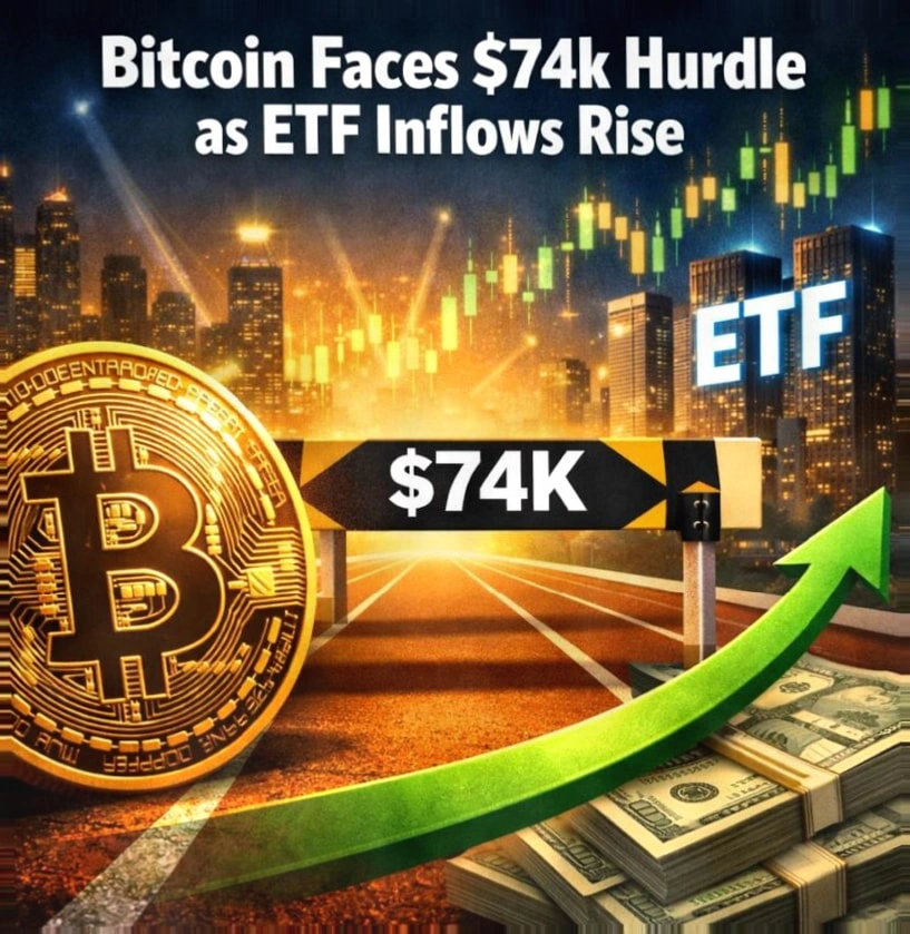 比特币面临74,000美元阻力,ETF资金流入增加