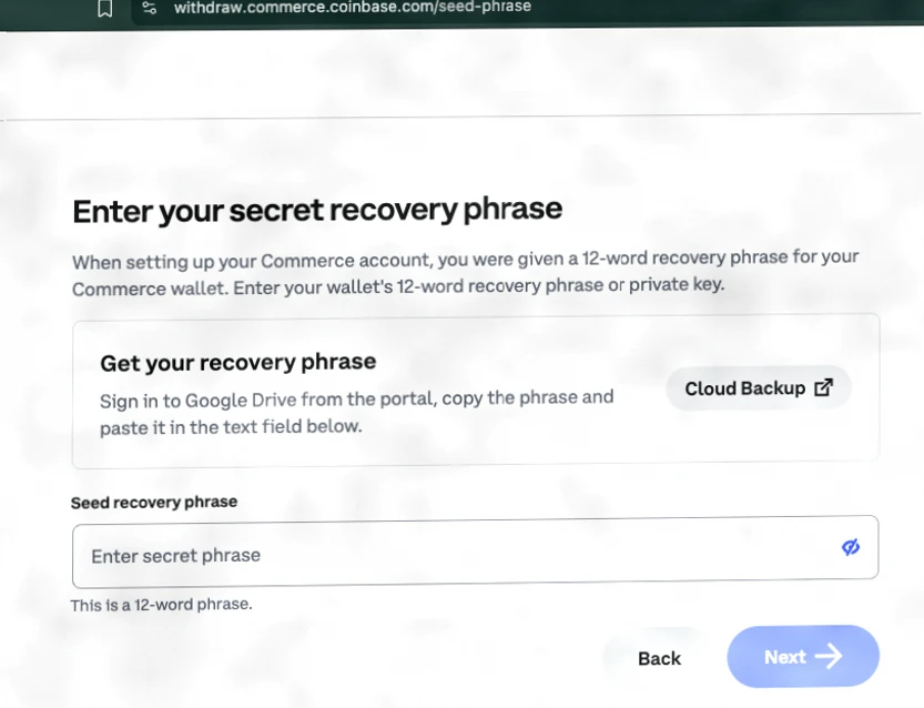 Coinbase Commerce页面要求用户输入种子短语，引发安全隐忧插图1